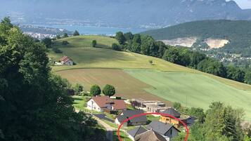 Un paysage rural avec un village, des maisons et un lac.