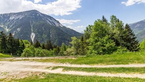A mountainous landscape with a clear sky, a dirt path, and dense forest. - LA METAIRIE DE MON PERE (LE PLANAY)