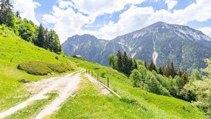 A mountain trail with a dirt path, surrounded by lush greenery and a backdrop of rugged mountains. - LA METAIRIE DE MON PERE (LE PLANAY)