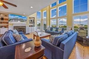 Smart TV, fireplace, books