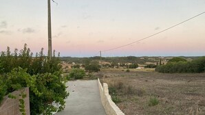 Un camino pavimentado que atraviesa un paisaje rural con muros de piedra a un lado y un campo al otro.
