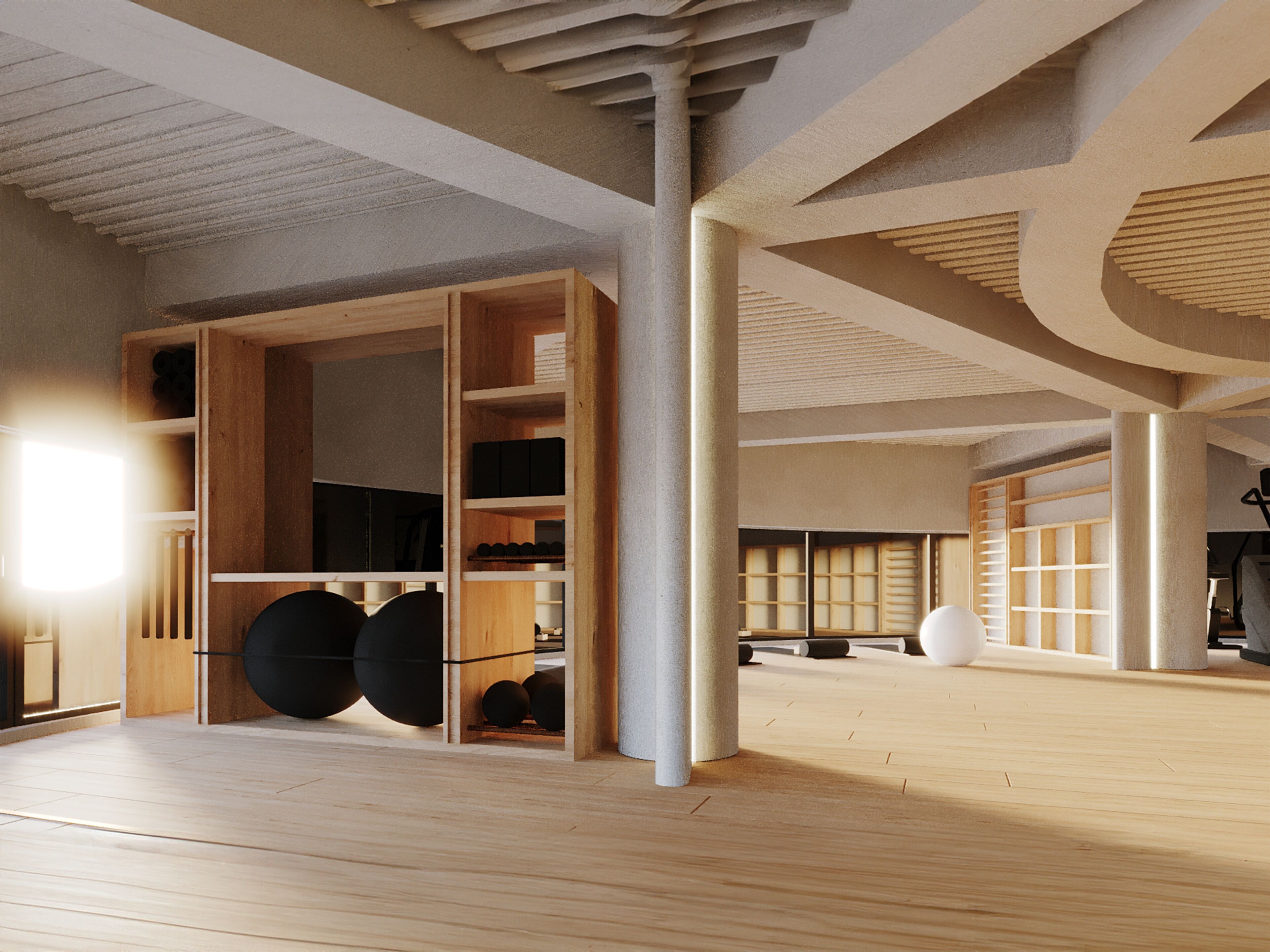 A spacious room with high ceilings, wooden flooring, and built-in shelving units.