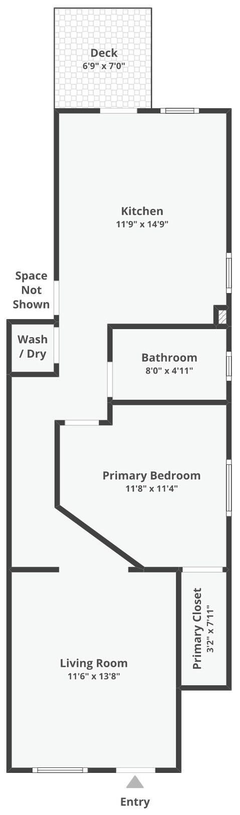 A floor plan with a deck measuring 6'9" x 7'0", a kitchen of 11'9" x 14'9", a bathroom of 8'0" x 4'11", a primary bedroom of 11'8" x 11'4", a living room of 11'6" x 13'8", and a primary closet of 3'2" x 7'11".