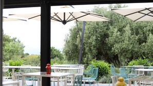 An outdoor patio with white tables and chairs, surrounded by greenery and umbrellas. - Tenuta Bellelli (Castellabate)