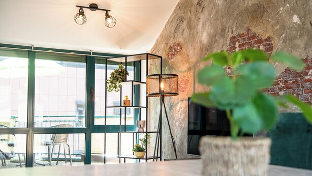 A modern interior with a rustic brick wall, a glass partition, and a potted plant. - Relax in our (Losheim am See)