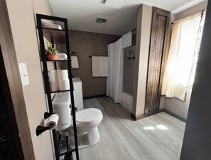 Hair dryer, towels, soap, shampoo