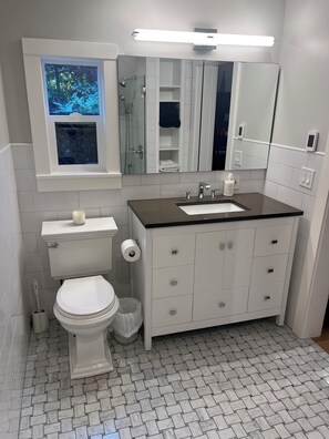 Shower, hair dryer, towels, soap