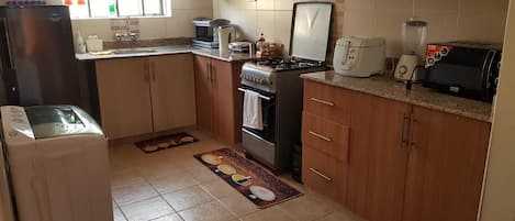 Fridge, microwave, oven, electric kettle