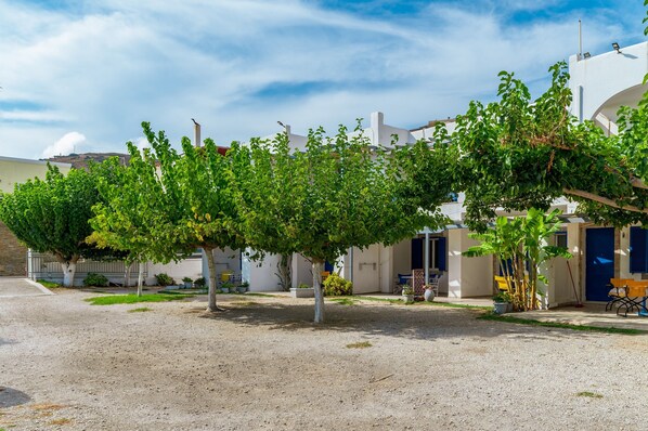 A courtyard with a gravel ground, trees, and a building with a blue door.