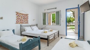 Una habitació amb dos llits, una decoració de mosquitera penjant, un televisor i una porta que dona a l'exterior.