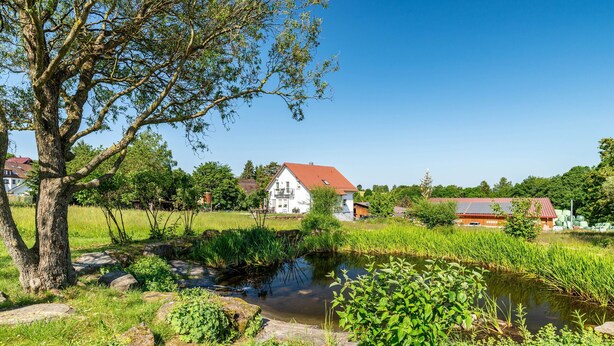 Paesaggio rurale con uno stagno, una casa bianca con tetto rosso e vegetazione circostante.