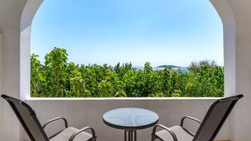 Un balcon avec une table et des chaises, une vue sur un vignoble et un ciel dégagé.