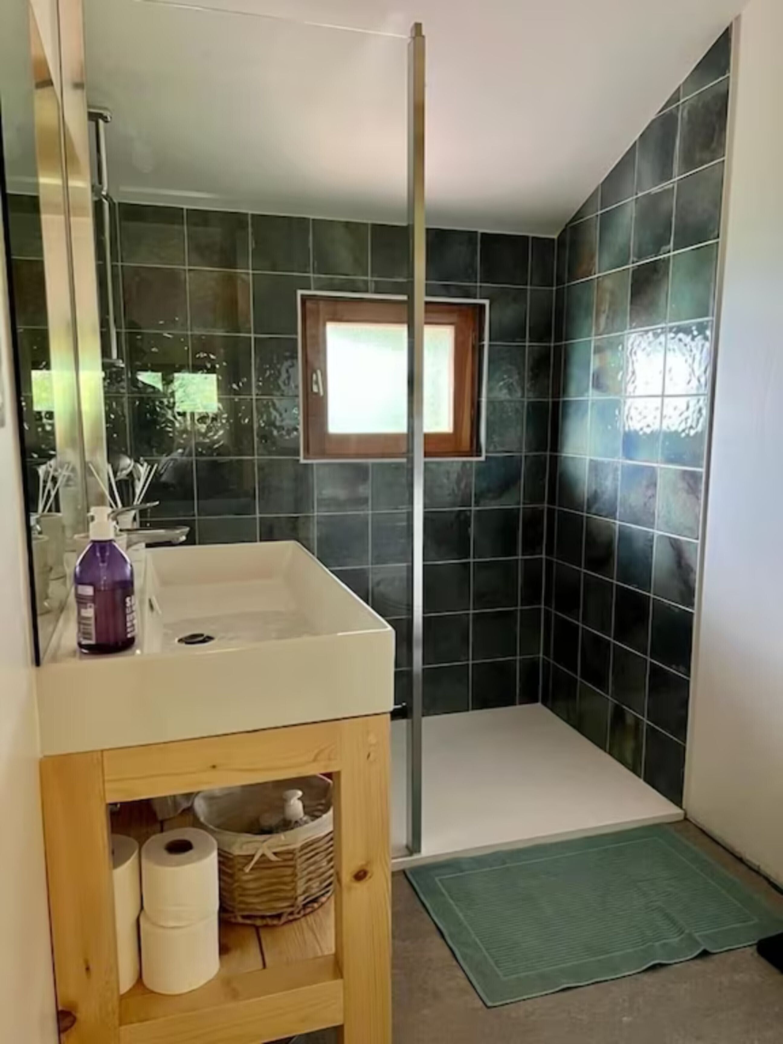 Une salle de bain équipée d’un lavabo, d’un miroir, d’une fenêtre et d’un espace douche.
