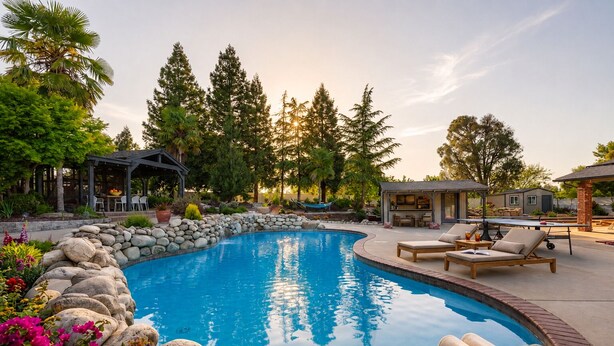 A swimming pool with a stone border, lounge chairs, and a covered seating area. - 4,500 sq-ft retreat with a pool and hot tub in the middle of wine country!  (Templeton)