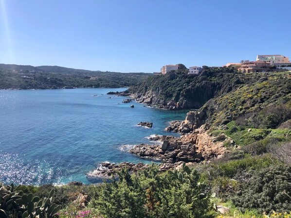 Un paisaje costero con terreno rocoso, un mar azul cristalino y edificios en una ladera.