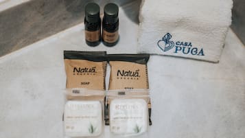 Hair dryer, towels, soap, shampoo