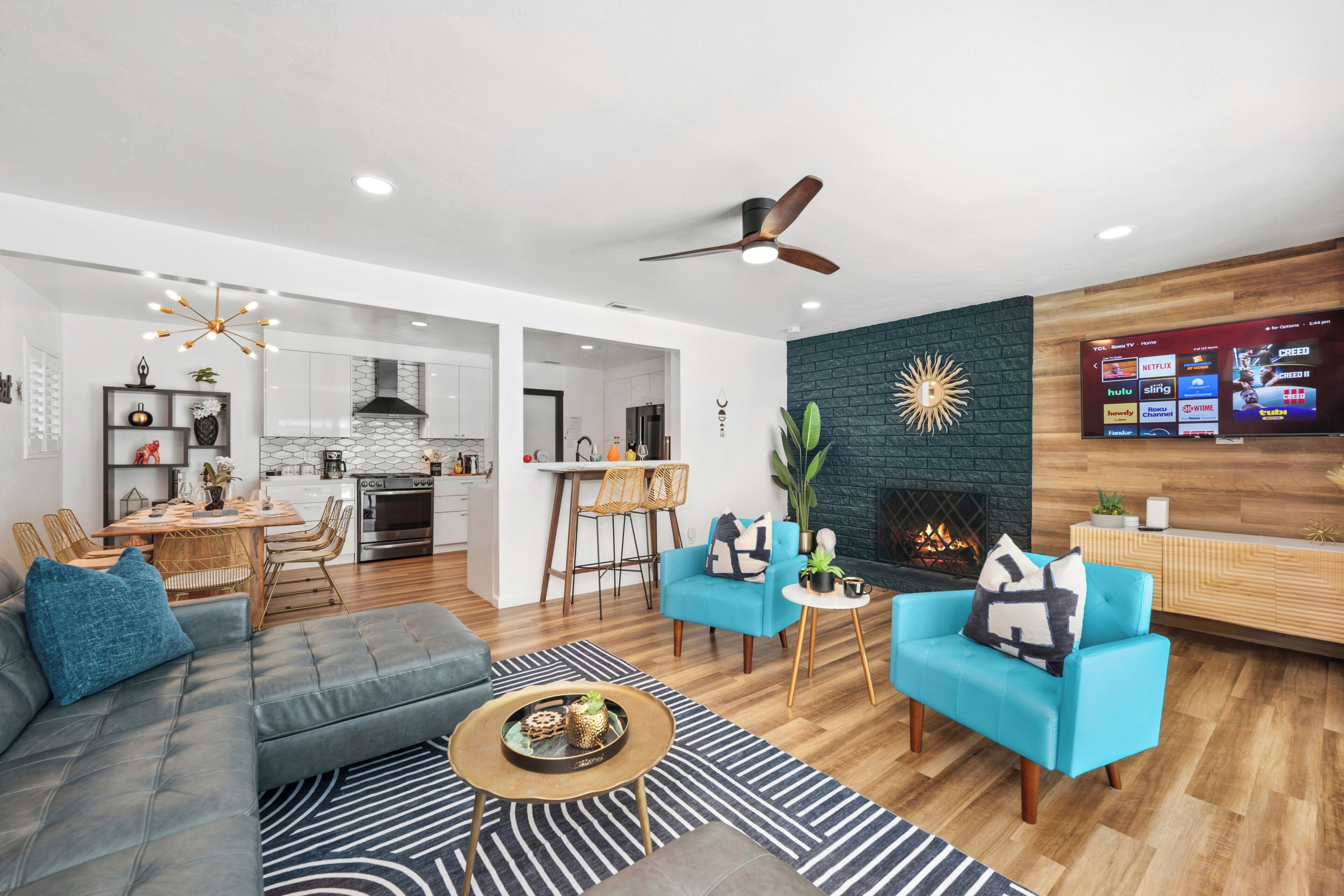Smart TV, fireplace, video games, ping pong