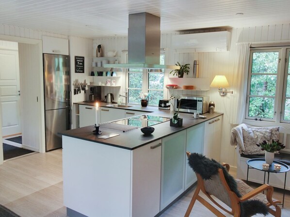 A modern kitchen with a central island, stainless steel appliances, and a view of greenery outside.
