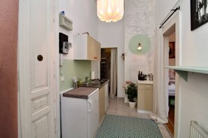 A compact kitchen with a white refrigerator, a sink, and a small countertop. There is a potted plant and a light fixture on the wall.