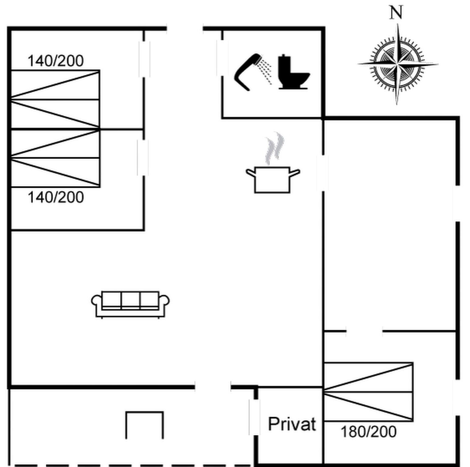Ein Grundriss mit einem privaten Zimmer, einer Küchenzeile und einem Badezimmer.