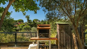Un barbecue avec une base en pierre, entouré d’une cour clôturée, agrémentée d’arbres et d’une structure en bois en arrière-plan.