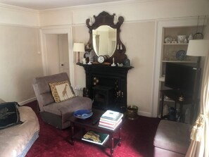 TV, fireplace, books