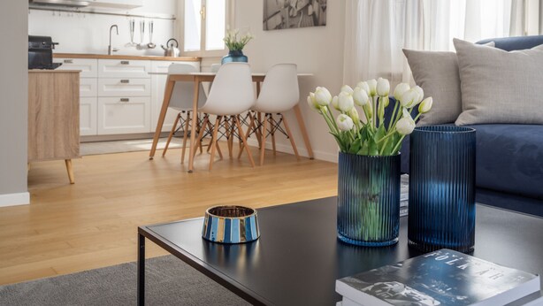 A modern living room with a sofa, a coffee table, and a vase of flowers. - Santa Croce Design Apartment R&R (Venecia)