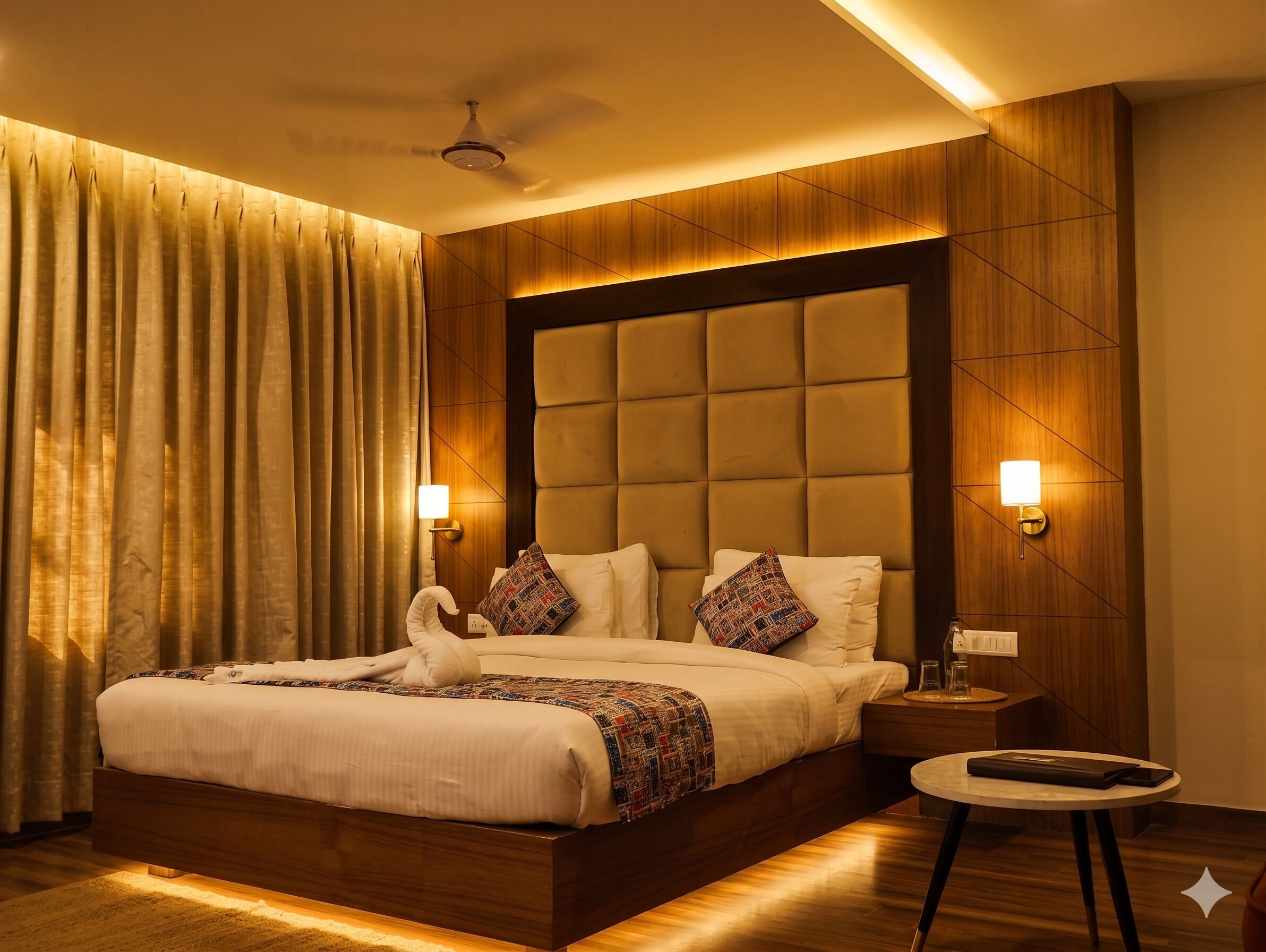 Habitación de hotel con una cama grande, cabecera de madera, dos lámparas de noche, una mesa redonda y un ventilador de techo.