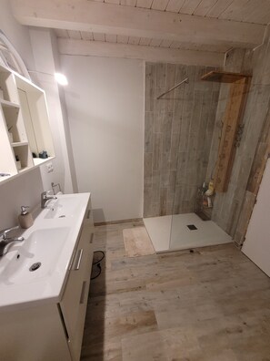 Regadera, secadora de cabello, bidet, toallas