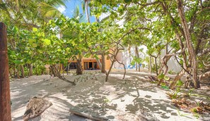 A sandy outdoor area with trees and a building in the background. - Bright and airy beachfront villa located in Soliman Bay with a New Pool (Tulum)
