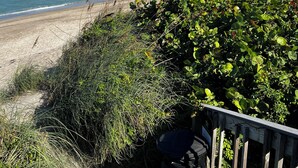 A beach view with a wooden deck and dense greenery. - Beachfront! 3rd Floor Corner Unit, Enjoy Sunrise to Sunset (Stuart)