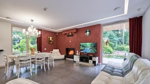 A modern living room with a fireplace, a TV, and a sofa.