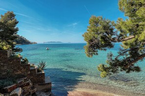 A coastal scene with clear turquoise waters, a stone wall, and pine trees.