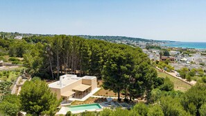 A modern villa with a swimming pool, surrounded by dense pine trees and a coastal view.