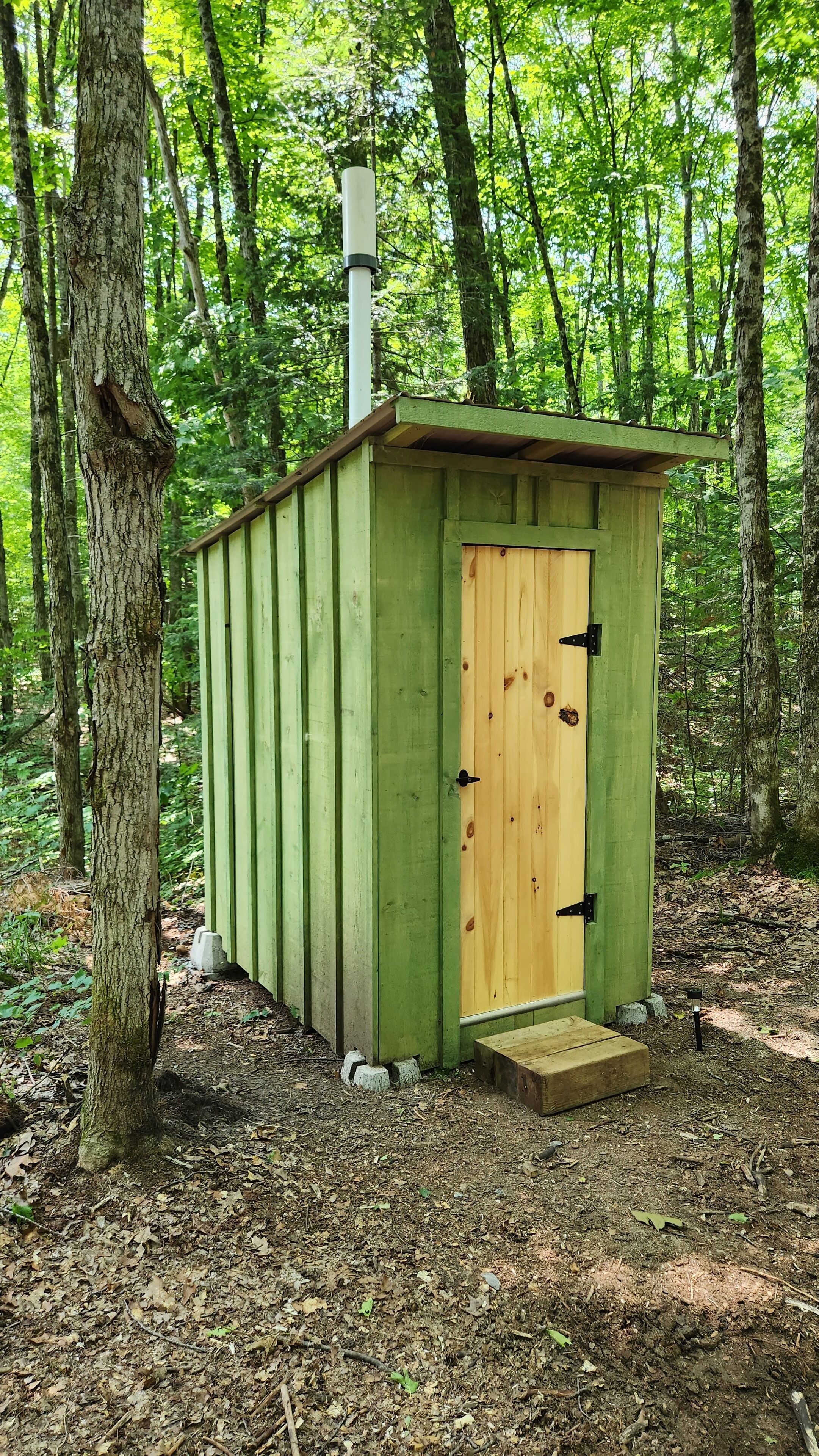 A small, green wooden shed with a wooden door and a small step leading up to it, surrounded by trees.