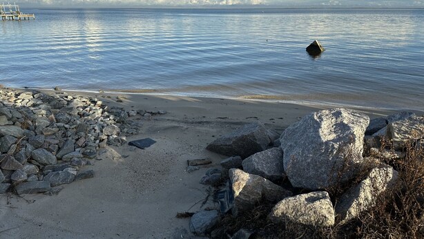 Une plage au rivage rocheux et aux eaux calmes.