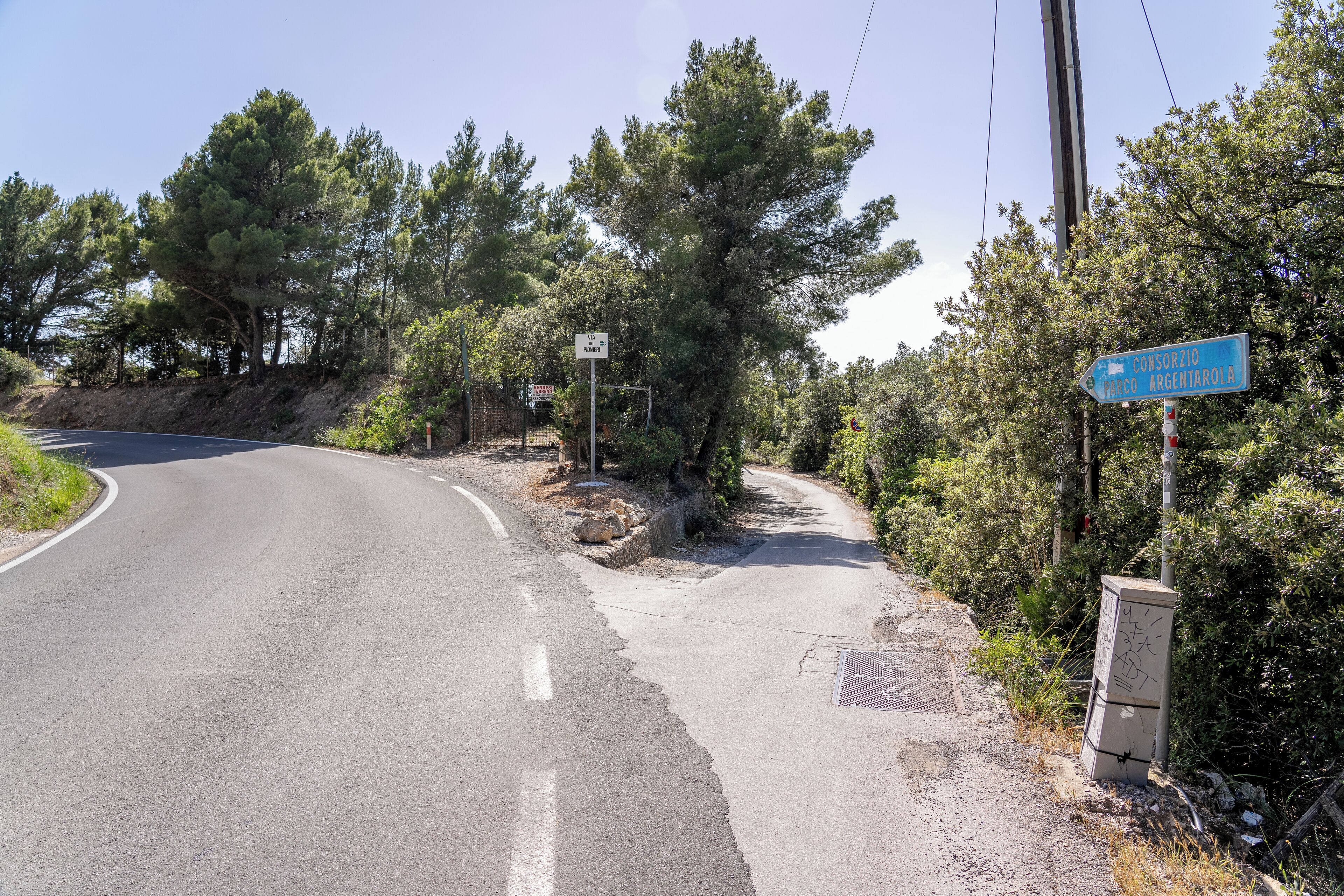 A road curving to the right with a sign indicating a turn.