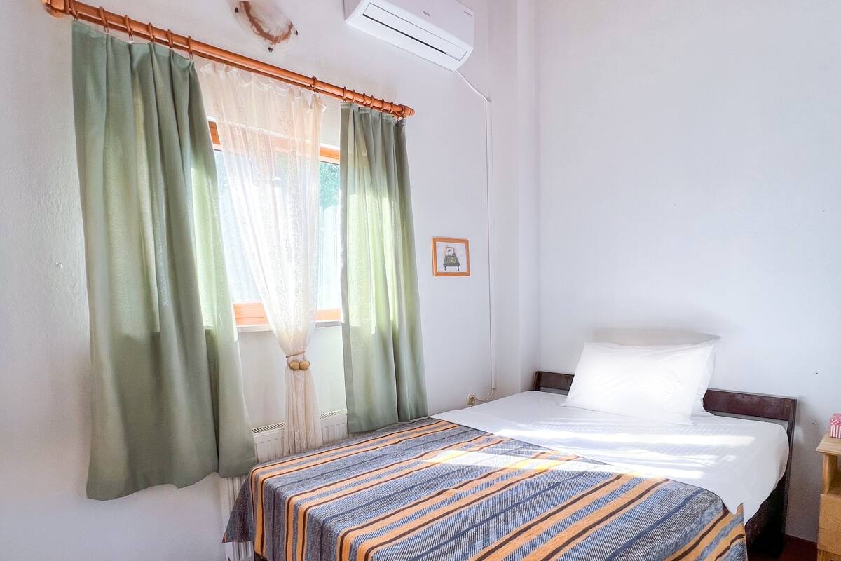 Quarto com cama, cortinas, ar condicionado, um quadro emoldurado e tapete estampado.