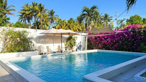 A rectangular swimming pool with a tiled edge, surrounded by a white wall and a covered area with lounge chairs.