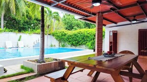 A covered patio with a pool, wooden table, and chairs.