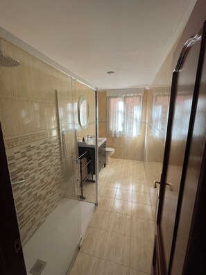 Ducha, secador de pelo, toallas y papel higiénico