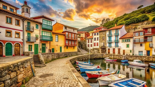 Un pittoresco porticciolo con edifici colorati, una scala in pietra e barche ormeggiate lungo l'acqua.