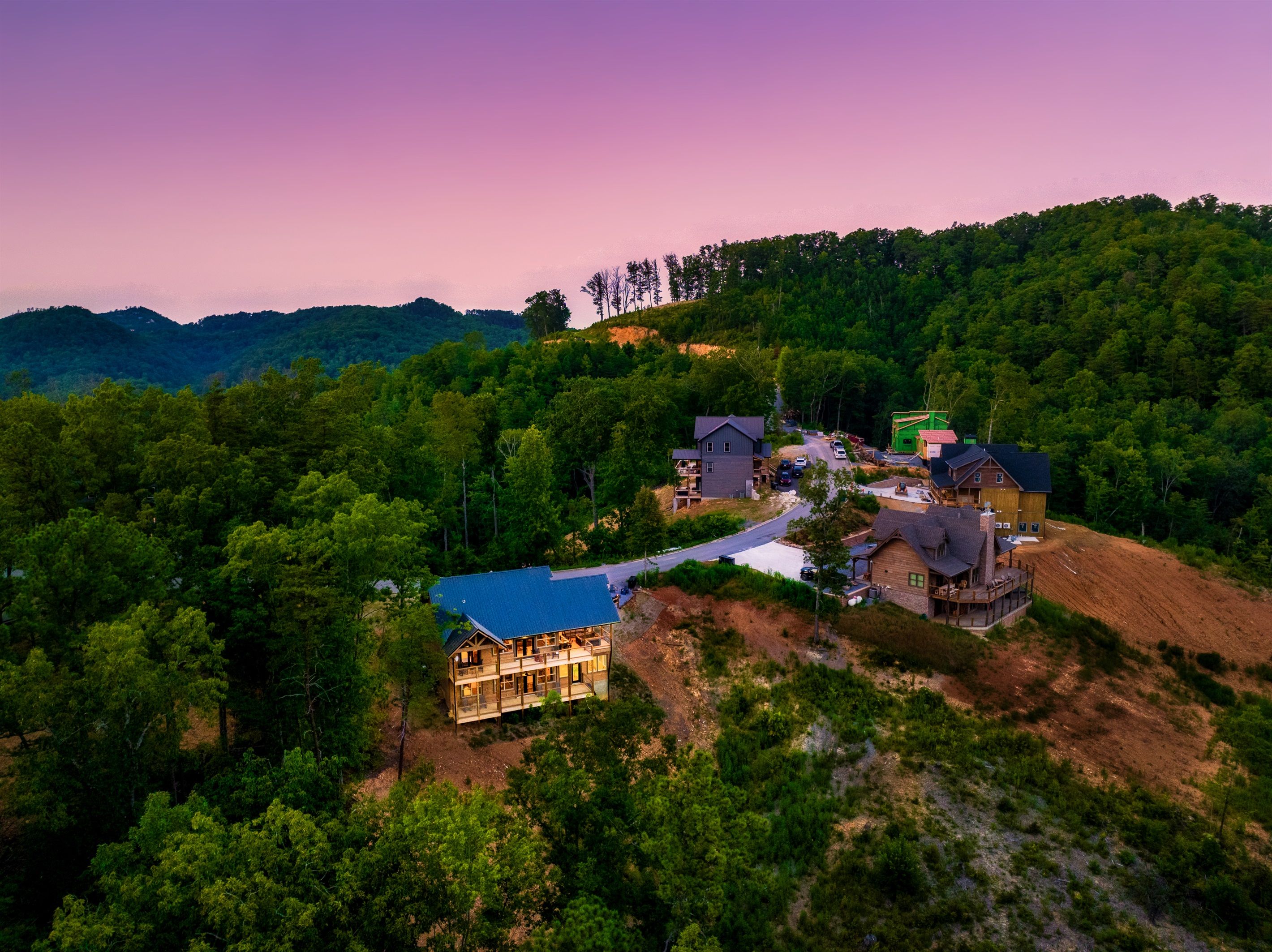Un quartier résidentiel composé de plusieurs maisons, entouré d’une forêt dense.
