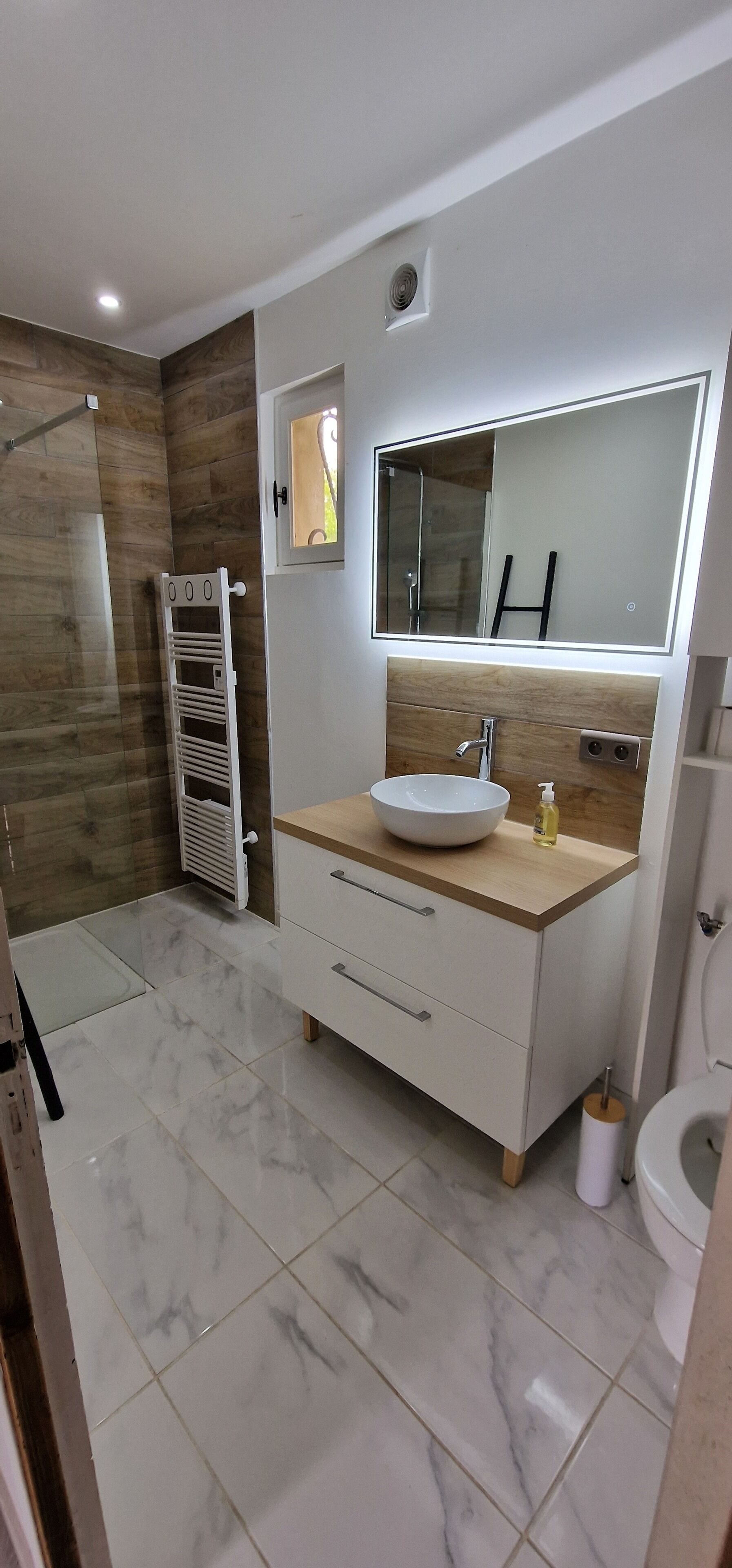 Shower, hair dryer, towels, soap