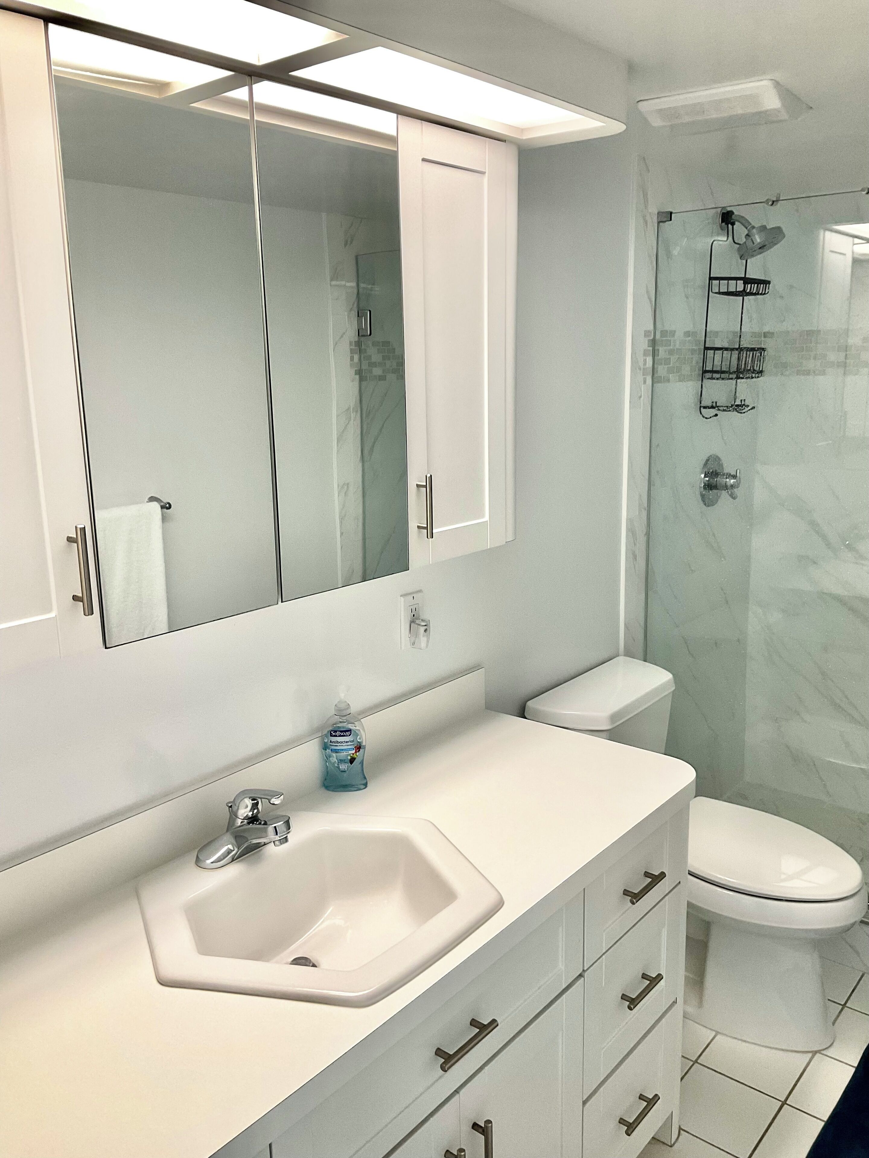 A modern bathroom with a white sink, a mirror, a toilet, and a glass shower enclosure.