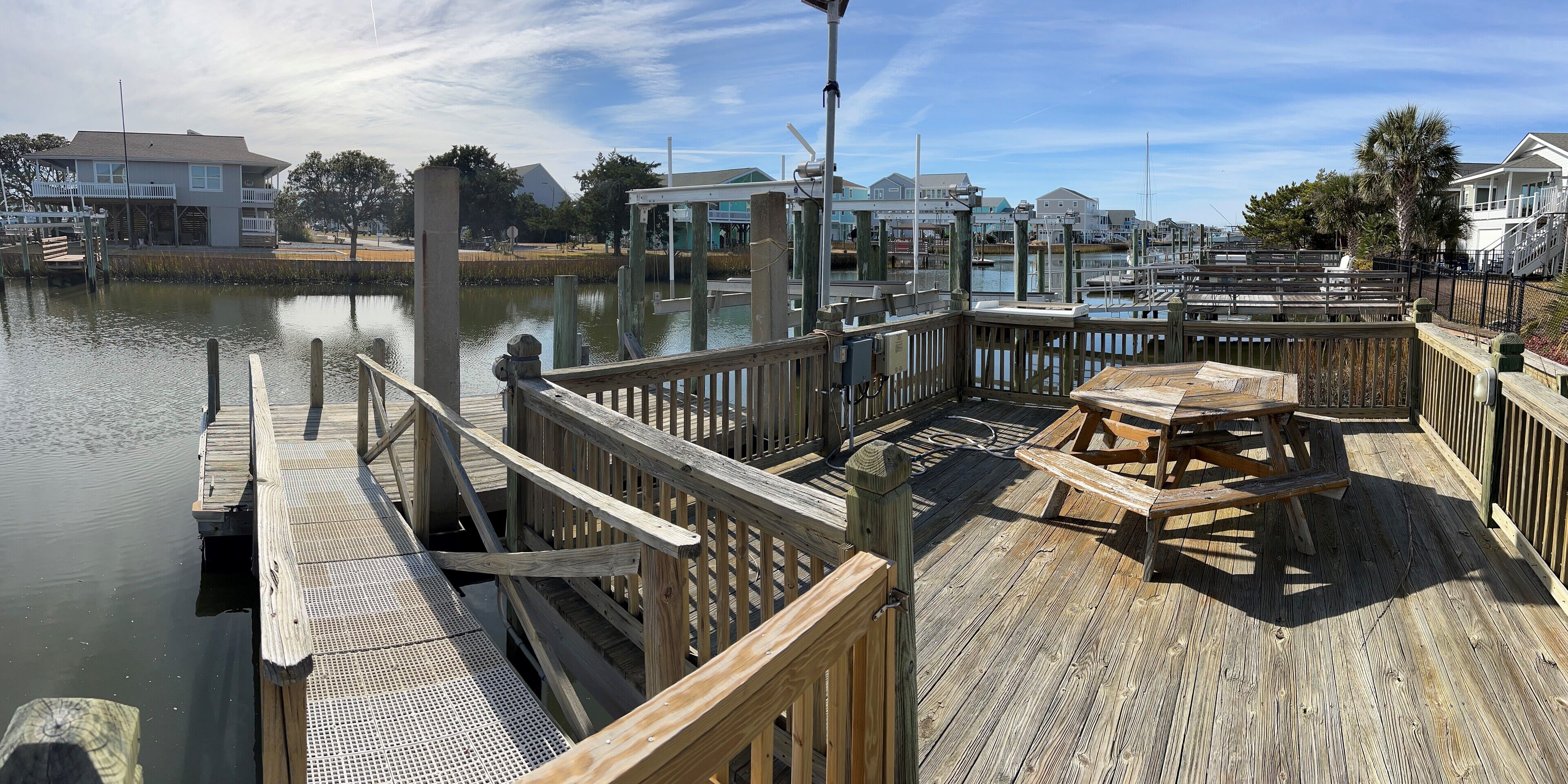 A wooden deck with a picnic table and a dock extending into calm water.