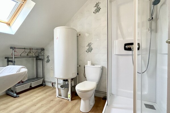 A bathroom with a shower, toilet, and a bathtub.