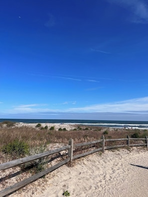 A beach with a wooden fence, sandy dunes, and the ocean in the background.