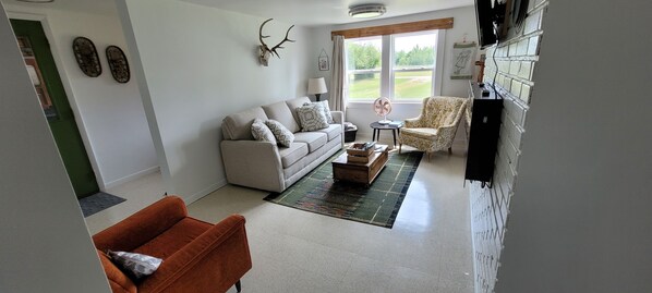 Smart TV, fireplace, foosball, books