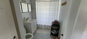 Hair dryer, towels, soap, shampoo